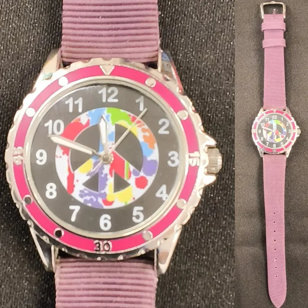 Accutime Silver/Pink Round Peace Sign Black Face Purple Unisex Watch Band #W5175